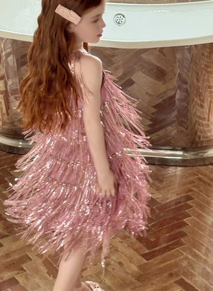 Vestido Infantil Meninas 2025 Verão Novo Moda Infantil Vestido de Borla Brilhante de Luxo Vestido de Aniversário para Meninas