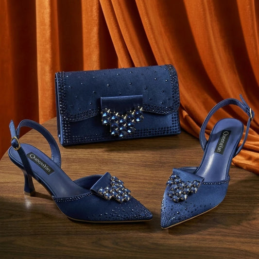 Elegant Navy Blue Handbag and Medium Heel Shoes Set with Beautiful Handmade Metal Decoration for Weddings and Parties