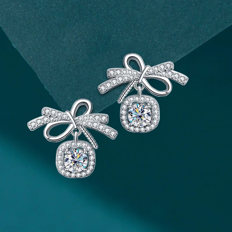 Ribbon Bowknot Tie Moissanite Stud Earrings 925 Sterling Silver 1CT Square Lab Diamond Fine Jewelry For Women Girl Birthday Gift