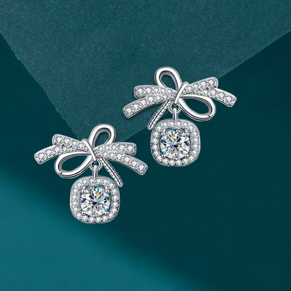 Ribbon Bowknot Tie Moissanite Stud Earrings 925 Sterling Silver 1CT Square Lab Diamond Fine Jewelry For Women Girl Birthday Gift