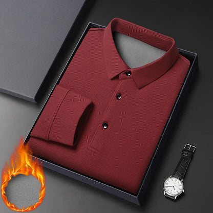 Waffle Fleece Thicken Fashion Polo Shirt Men Winter Warm Plush Business T-Shirt Tops Male Casual Button Lapel Long Sleeve Shirts