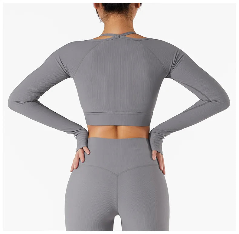 Women Yoga Set Gym Clothing Tracksuit Long Sleeve Crop Top One Shoulder Bra High Waist Seamless Leggings Fitness Sports Suits