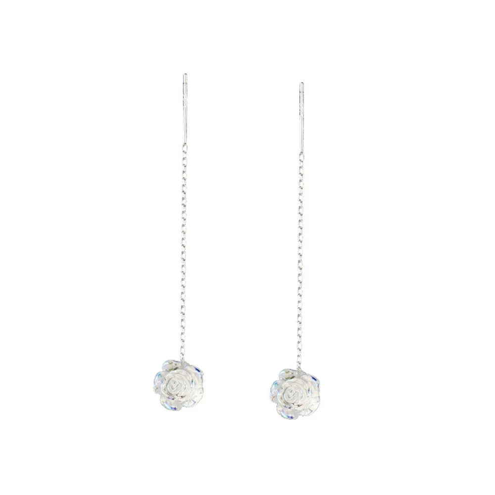 Minimalism Romantic Sterling Silver Rose Flower Pendant Ear Thread Versatile Girl Commuting Dangle Earrings Temperament Jewelry