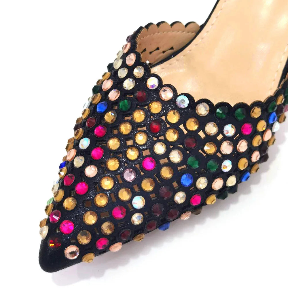 Sapatos Femininos Salto Alto Ponta Fina Designer Luxo Pedras Coloridas Festa Noturna Conjuntos de Sapatos e Bolsas Combinando