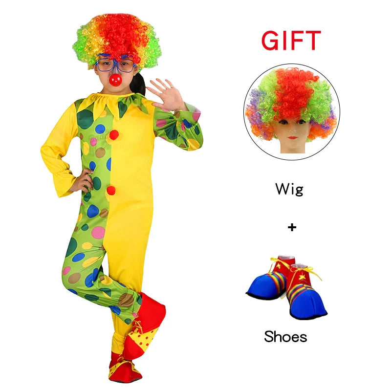 Kids Clown Cosplay Costumes Shoes and Wig Performance Funny Outfit for Girl Party Gift
