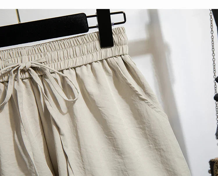Plus Size Summer Shorts For Women 2025 Summer Ice Silk Drawstring Large Size Loose Shorts Women Korean Streetwear Shorts Female