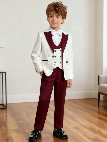 Hot Selling Stylish Paisley Jacquard Boys Formal Suit Set 3-14 Years 4 Piece Kids Wedding Tuxedo Elegant Blazer Vest Pants Bow
