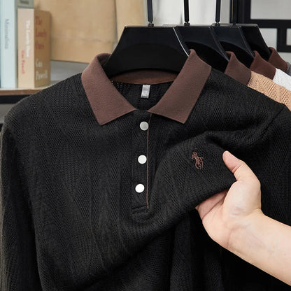 Men's Autumn and Winter Light Luxury 100% Cotton Men's Embroidered Knitted T-shirt Casual Business Sweater Polo Shirt