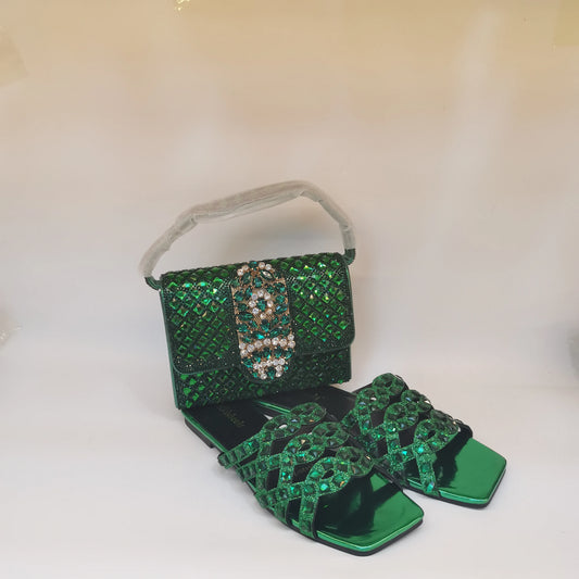 Pretty Soft Flat Shoes With Bag Set For Woman Fashion Style Rhinestone Party Slippers And Women Purse Latest Design