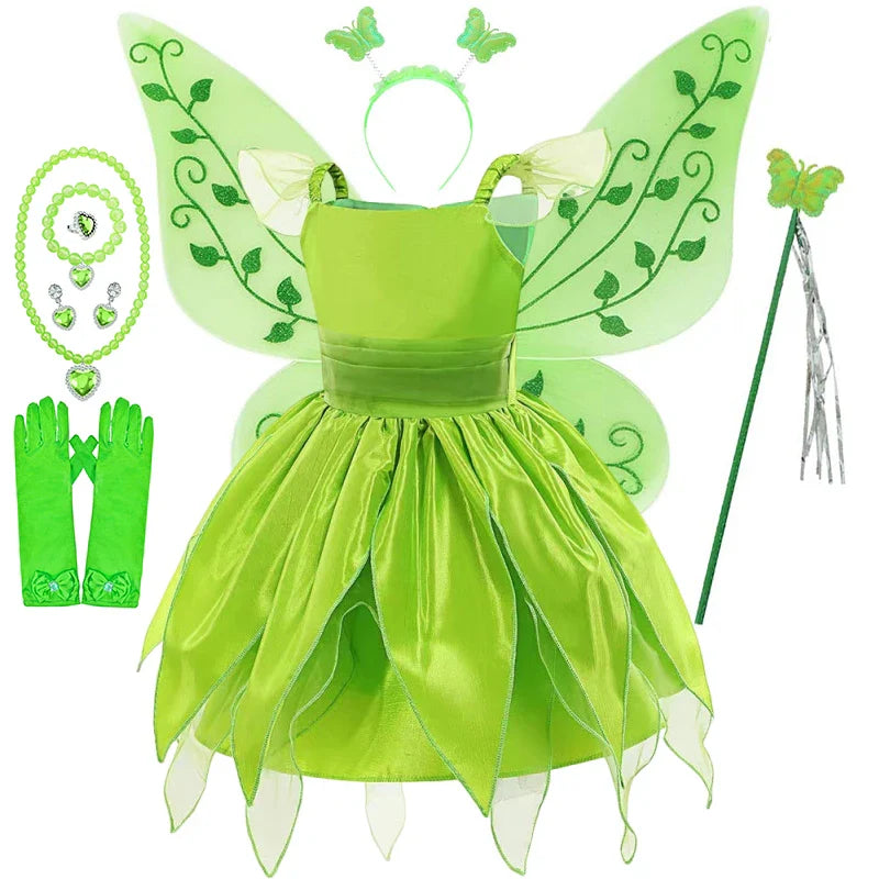 Disney Girls Cosplay Fada Tinker bell Vestido Crianças Princesa Fada das Flores Com Asas Fantasia Festa Tinkerbell Tinker Bell Vestido