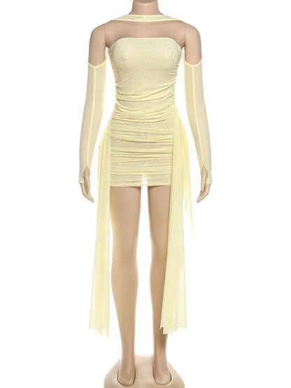 Mesh Simple Women Mini Dress Fashion Solid Strapless Ribbons Tassel Body-shaping Vestidos+Seperately Full Sleeve Gloves