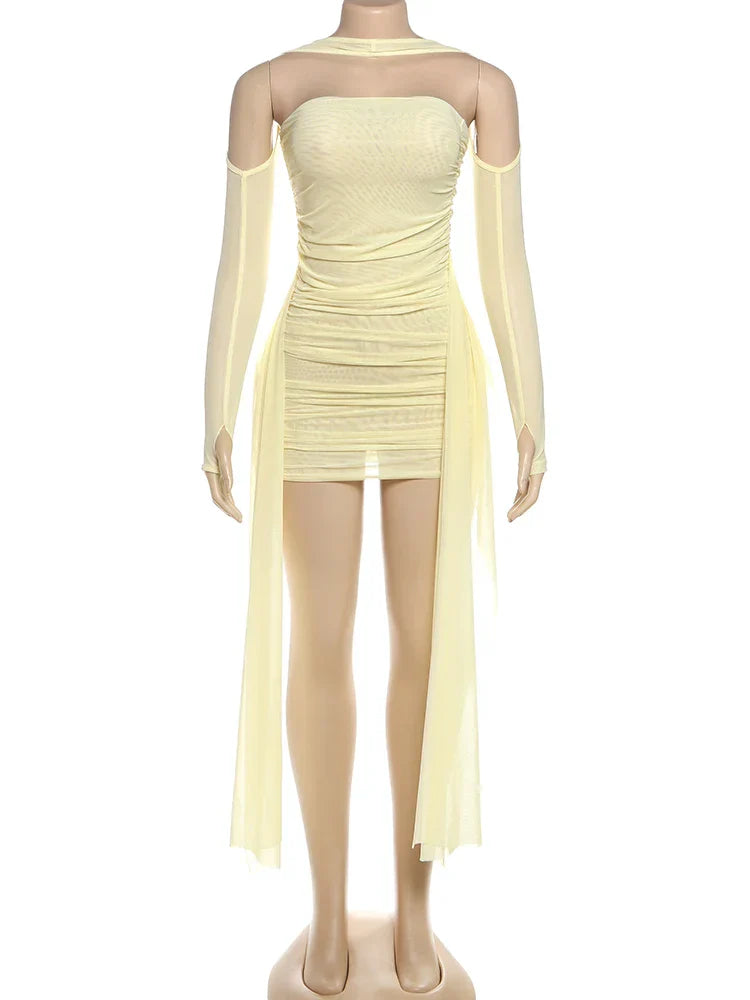 Mesh Simple Women Mini Dress Fashion Solid Strapless Ribbons Tassel Body-shaping Vestidos+Seperately Full Sleeve Gloves