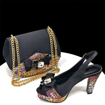 Rhinestone Design INS Hot Sale New Arrivals African Shoes and Bag Set in Blue Color Open Toe Comfortable Women Heels