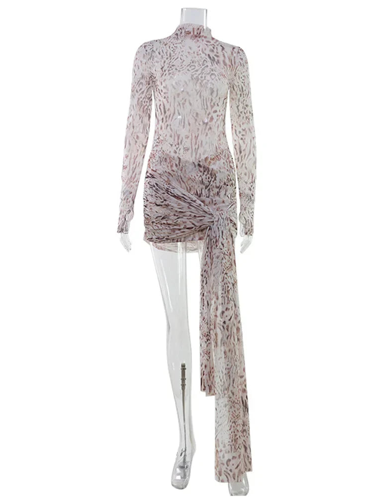 Sexy Sheer Women'Mini Dresses Turtleneck Print Regular Long Sleeves Ribbon Sheath Bodycon Casual Streetwear Female Robe