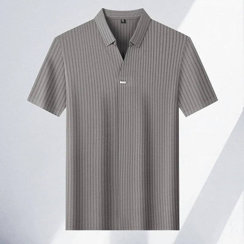 High quality personality texture stripe short sleeve polo shirt summer ice silk breathable buttonless men's solid color T-shirt