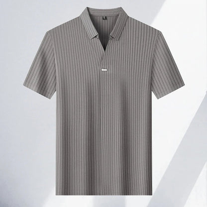High quality personality texture stripe short sleeve polo shirt summer ice silk breathable buttonless men's solid color T-shirt