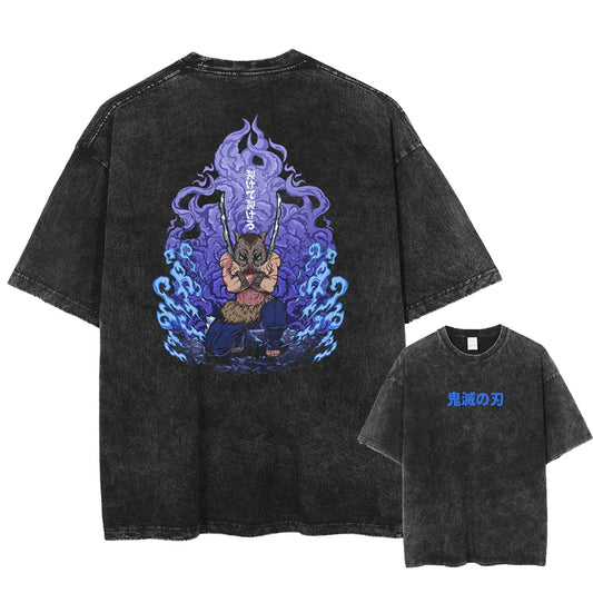 Summer Washed Vintage T Shirts Man Demon Slayer Anime Print Harajuku O-Neck Oversized Short Sleeved Tees Unisex Streetwear Tops