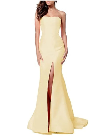 Women's Sleeveless Mermaid High Slit Backless Long Prom Gowns Strapless Floor Length Satin Evening Maxi Dresses
