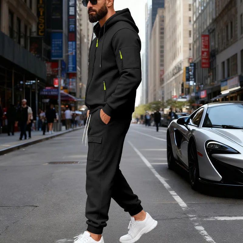 Autumn and winter men's velvet loose casual tooling outdoor sports fashion hooded sweater set