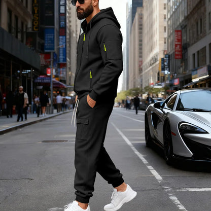 Autumn and winter men's velvet loose casual tooling outdoor sports fashion hooded sweater set
