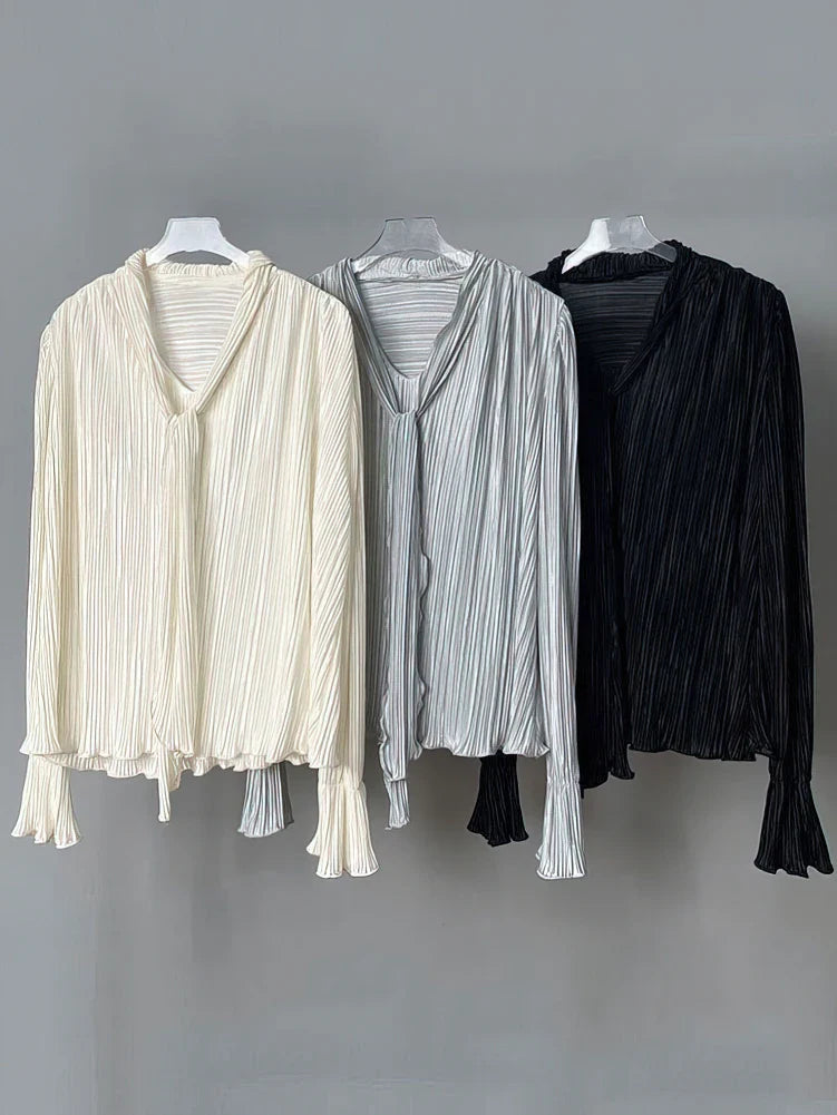 Pleated Elegant Long sleeve Blouse With Ties Women Luxury Ruffle V neck Basic Top Casual Oversize Lady Office Wear Korean Chic
