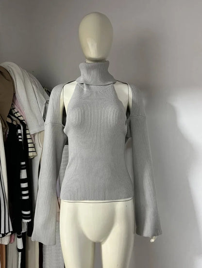 Trendix Hollow Out Sweater Sets For Women 2025 Fall New Long Sleeve Knitwear Shawl Suits Sexy Backless Knit Tank Top 2 Piece Set