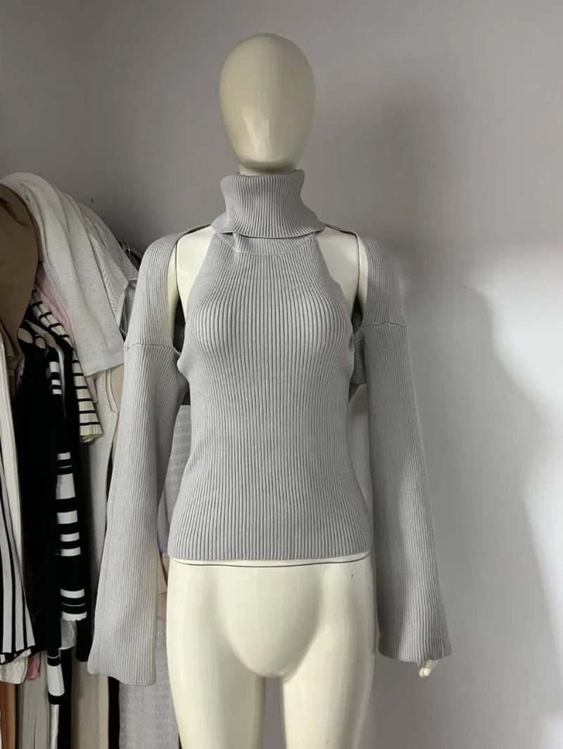 Trendix Hollow Out Sweater Sets For Women 2025 Fall New Long Sleeve Knitwear Shawl Suits Sexy Backless Knit Tank Top 2 Piece Set