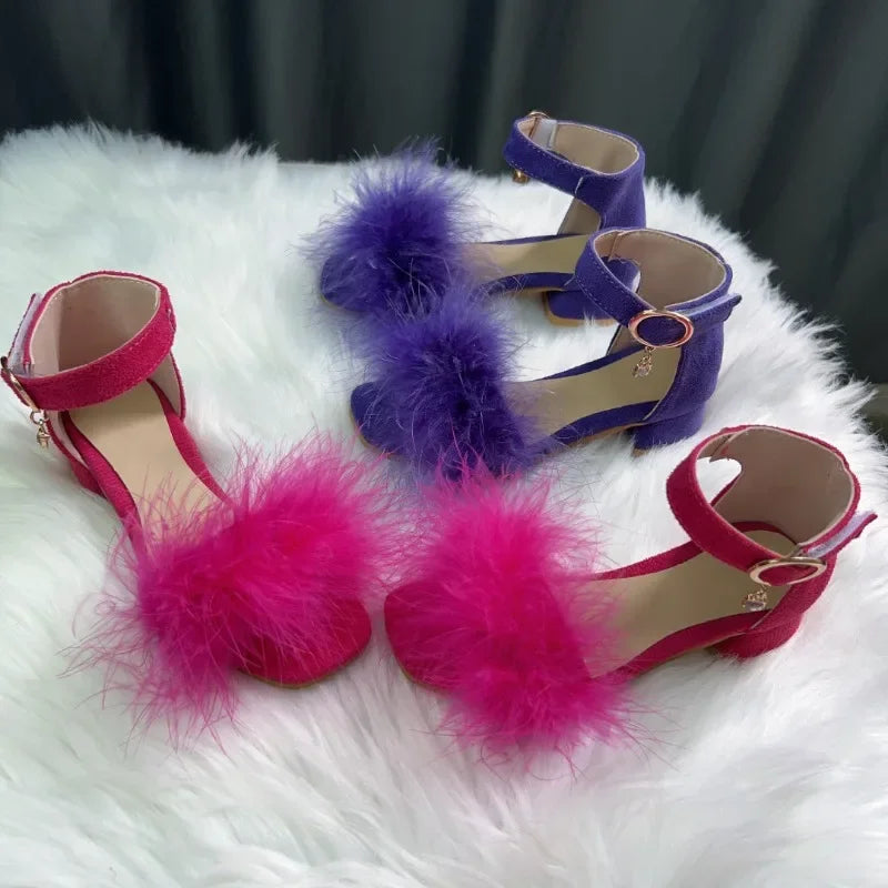 New Girls Low-heels Sandals Summer Fluffy Kids Princess Catwalk Shoes Open-toe Versatile Children Fashion Wedding Party Sandals