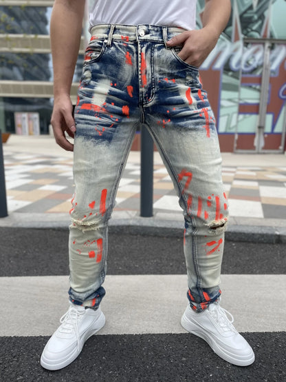 Men's Y2K-Style Denim Pants With Hand Drawn Colorful Tear Stop Pattern Design  Best Selling Product  Free Shipping Included
