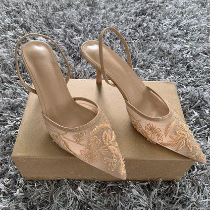 Luxury Brand High Heels Women Sandals Mesh Embroider Elegant Pointed Ladies Slingback Evening Party Wedding Bridal Dress Shoes
