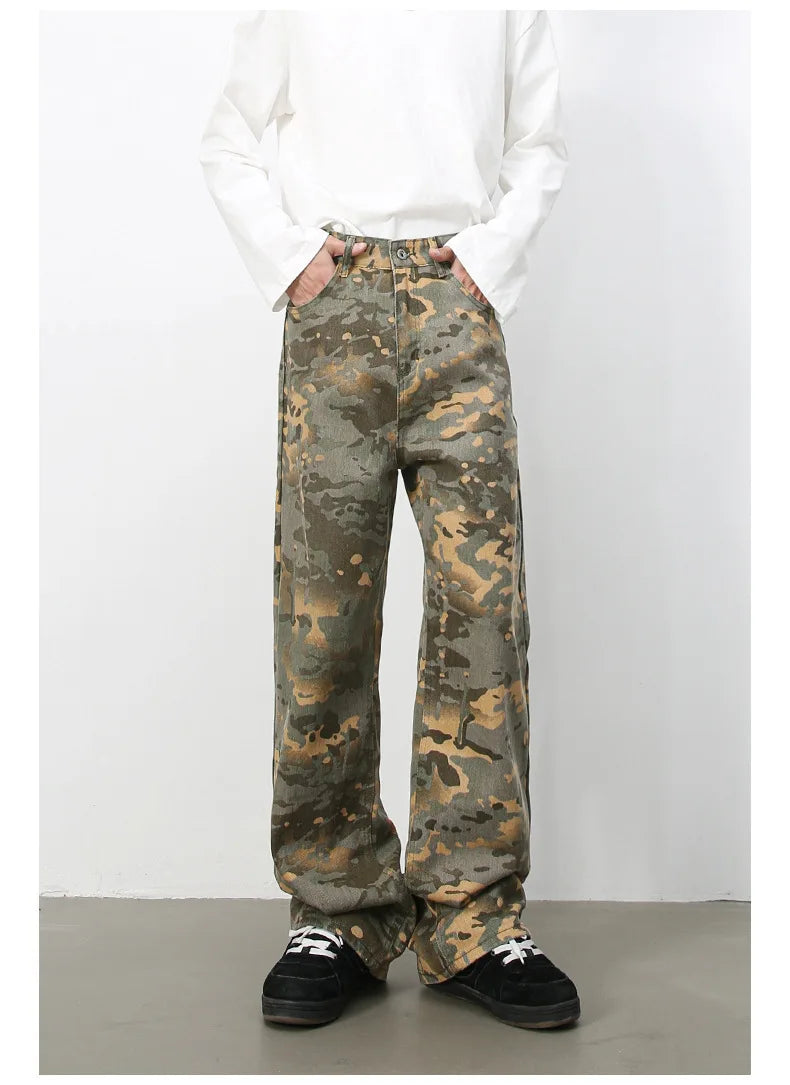 Tide Camouflage Jeans Men's Ins Loose Straight Wide Leg Casual Denim Pants Loose Male Trousers 12C2036