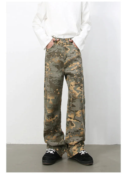 Tide Camouflage Jeans Men's Ins Loose Straight Wide Leg Casual Denim Pants Loose Male Trousers 12C2036