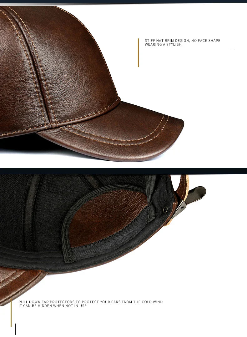 Warm Hat Man 2024 Winter Genuine Leather Baseball Caps Male Casual Cowhide Belt Ear Protect Sport Hockey Hunt Flight Casquette