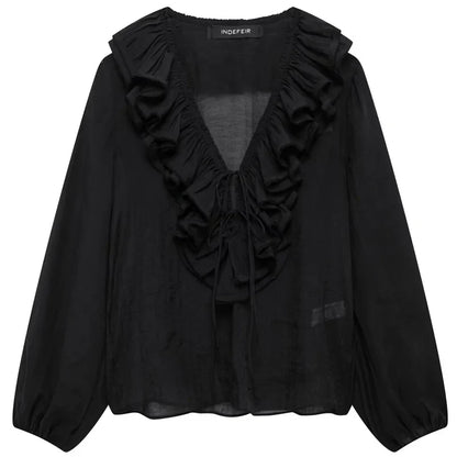 Woman 2025 Oversized Frill Blouse Spring Shirts & Blouses See-Through Chiffon Long Sleeve Top Layered Plus Size Shirts 066