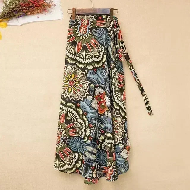 2025 New Women's One-Piece Floral Print Skirt High Waist Wrap Chiffon Beach Dress with Tie Waist Summer Vacation Boho Style