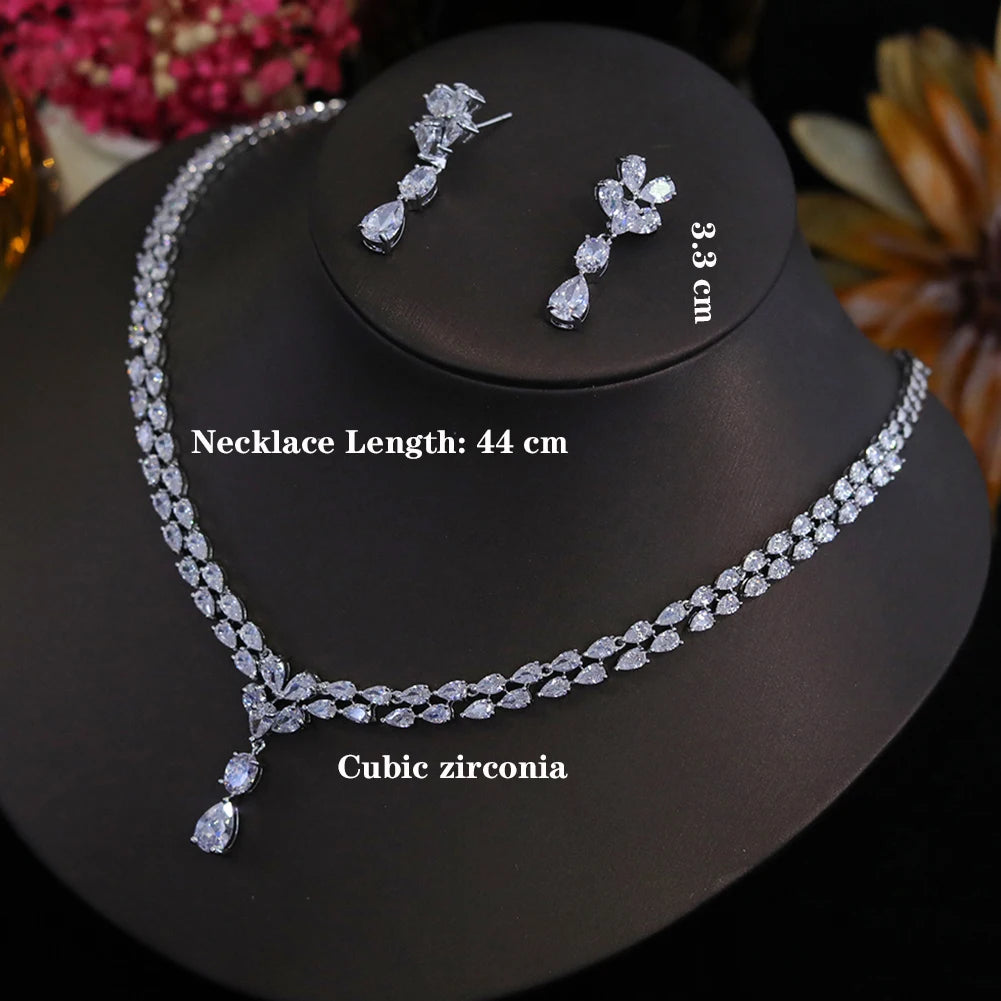 New Design Luxury Cubic Zirconia Water Drop Necklace Earrings Set for Women High Quality Wedding Party Dress Jewelry
