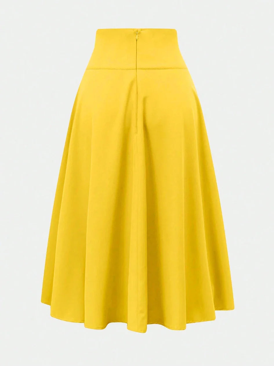 Women's Spring Summer Bright Yellow High Waist Large Bow Detail Flared Midi Skirt Elegant Casual Office Style