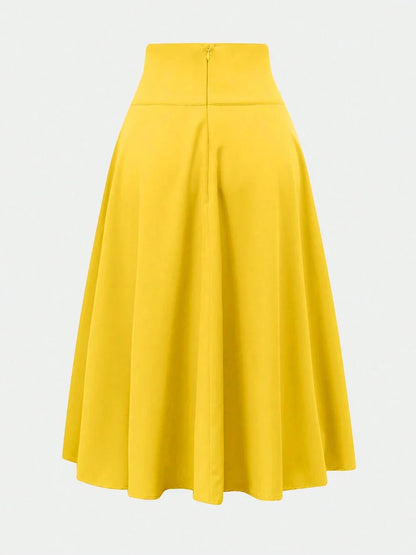 Women's Spring Summer Bright Yellow High Waist Large Bow Detail Flared Midi Skirt Elegant Casual Office Style