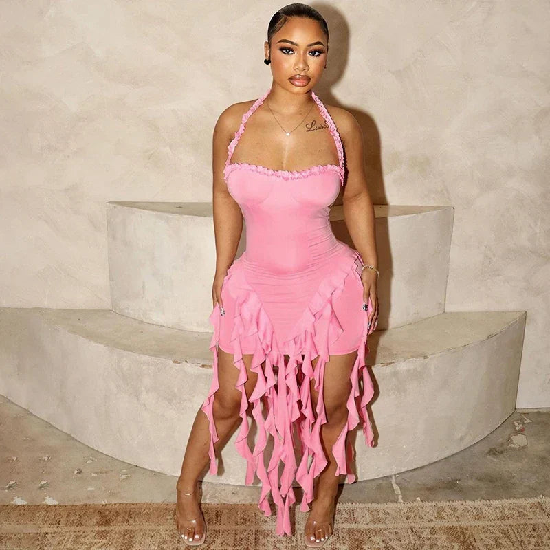 Elegant Halter Solid Ruffles Backless Taseel Sexy Slim Mini Dress Spring Women Cute Outfits Birthday Party Vacation