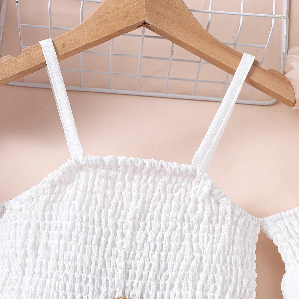 Vestido Feminino de Verão Ombro a Ombro Cinto Cor Sólida