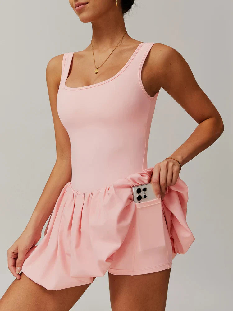Workout Tennis Dress with Built in Shorts Square Neck Padded Workout Dress with Pockets Golf Athletic Mini Dresses