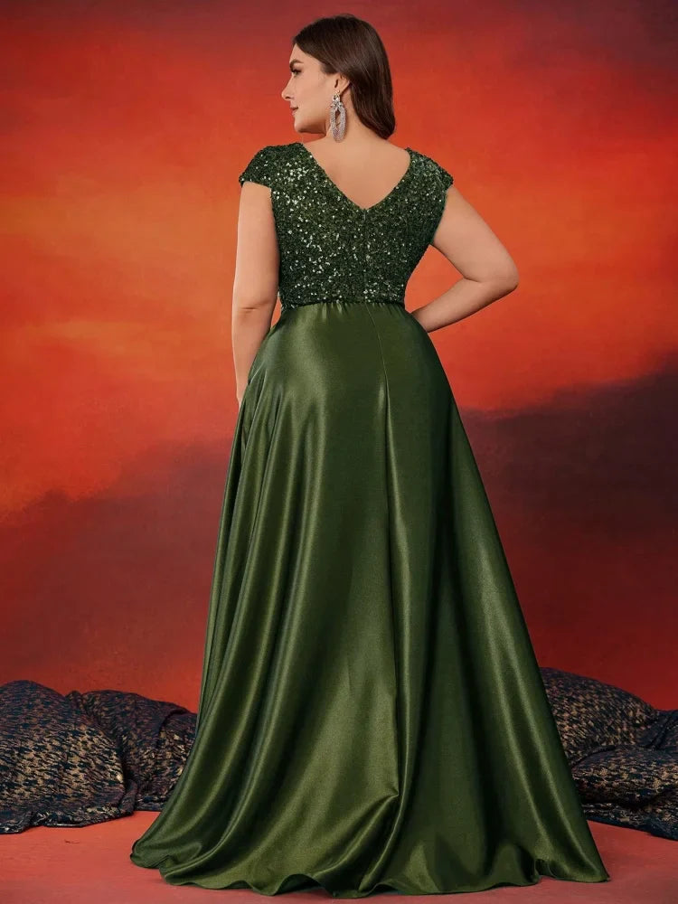 Plus Size Elegant V-Neck Red Sequins Evening Dress Long Luxury Women Satin Sleevesless Party Prom Cocktail Gowns