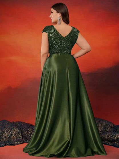 Plus Size Elegant V-Neck Red Sequins Evening Dress Long Luxury Women Satin Sleevesless Party Prom Cocktail Gowns