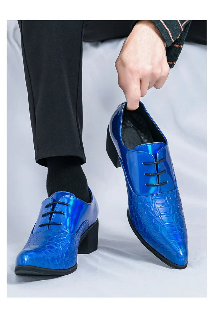 Luxury Wedding Dress Men High Heel Shoes Design Blue Man Patent Leather Shoes Party Men Pointed Toe Formal Shoes Zapatos Oxfords