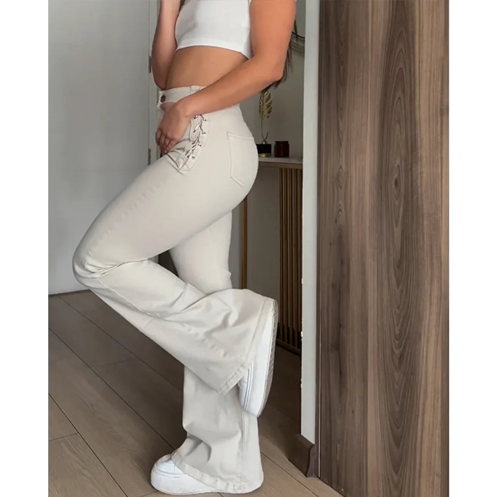 Women's Side Braid Flare Curvy Jeans High Waisted Bell Bottom Jeans Wide Leg Stretchy Elastic Denim Pants Plus Size