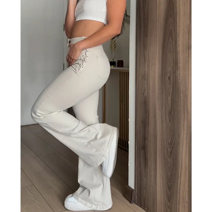Women's Side Braid Flare Curvy Jeans High Waisted Bell Bottom Jeans Wide Leg Stretchy Elastic Denim Pants Plus Size