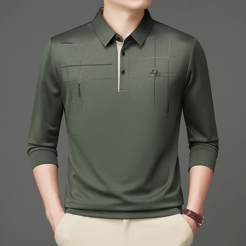 2025 Latest Autumn New Men's Long Sleeve Polo Shirt Middle Aged Business Comfortable Solid Color Men's Collar T-shirt