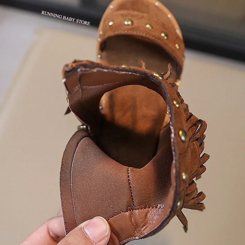One-strap Summer Roman Shoes for Girls Tassel Rivets High-top Sandals Little Girl Soft Sole Bohemian Dress Shoes Child I06133