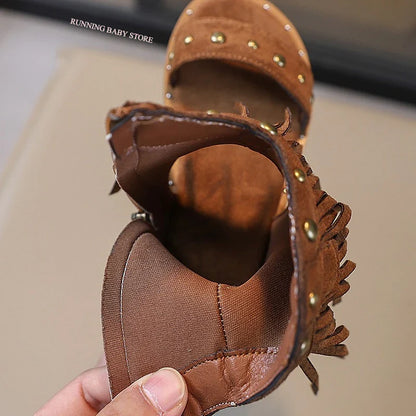 One-strap Summer Roman Shoes for Girls Tassel Rivets High-top Sandals Little Girl Soft Sole Bohemian Dress Shoes Child I06133