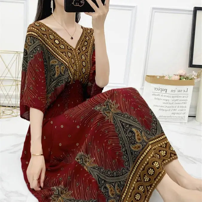 Flower V-neck Elastic Youthful Bohemian Sweet Midi Dress Woman Clothes Chic Fashion Summer Dresses 2025 Large Swing Ski